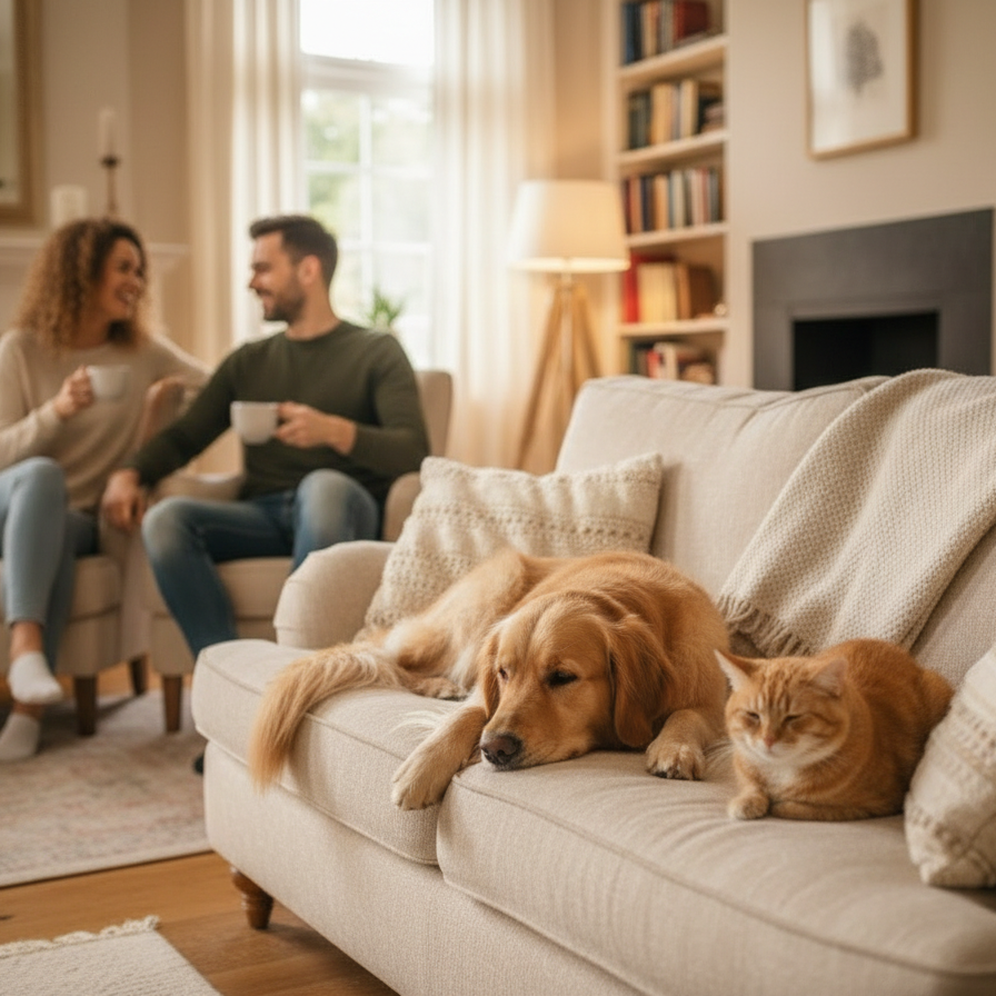 der hund soll so bleiben die katze soll mit irgendwas spoielen oder essen und im hintergrund zwei npersonen die ein kaffe trinken